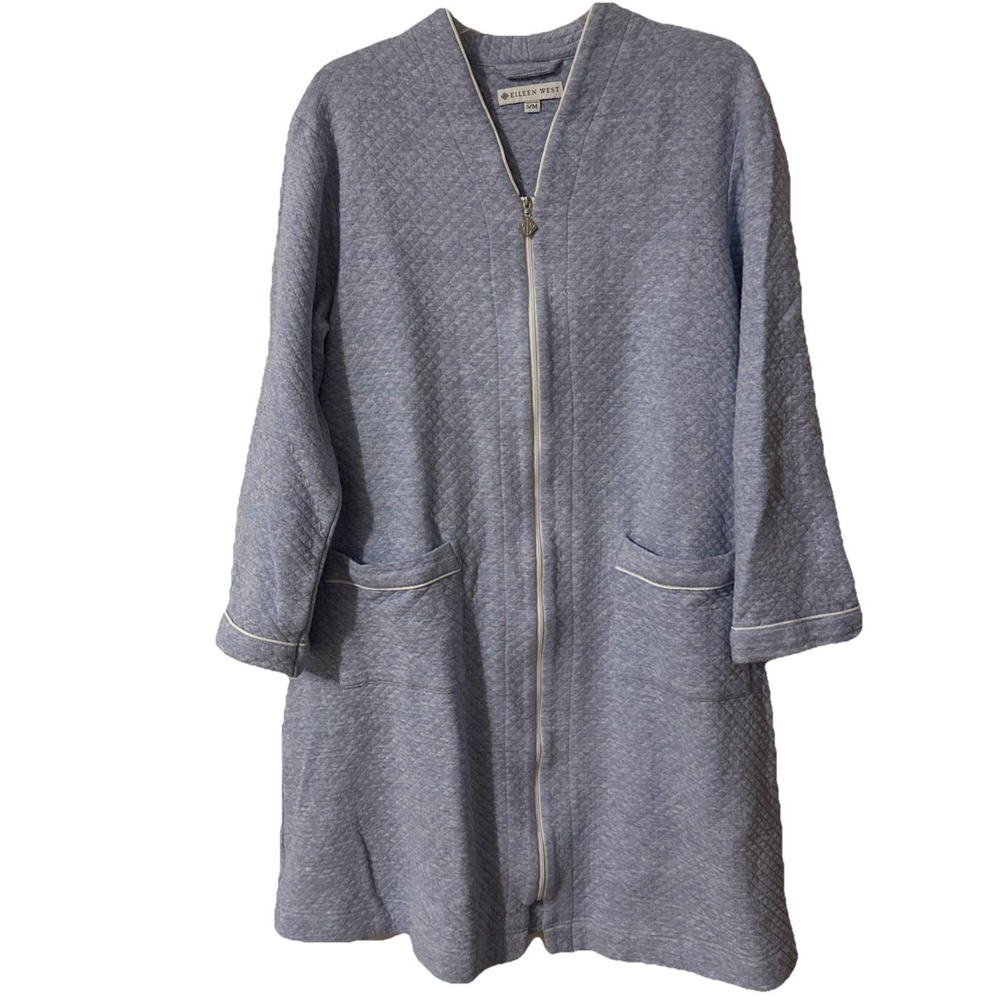Eileen West Womens S/M Robe Quilted Light Blue Diamond Robe Full Zip Pockets